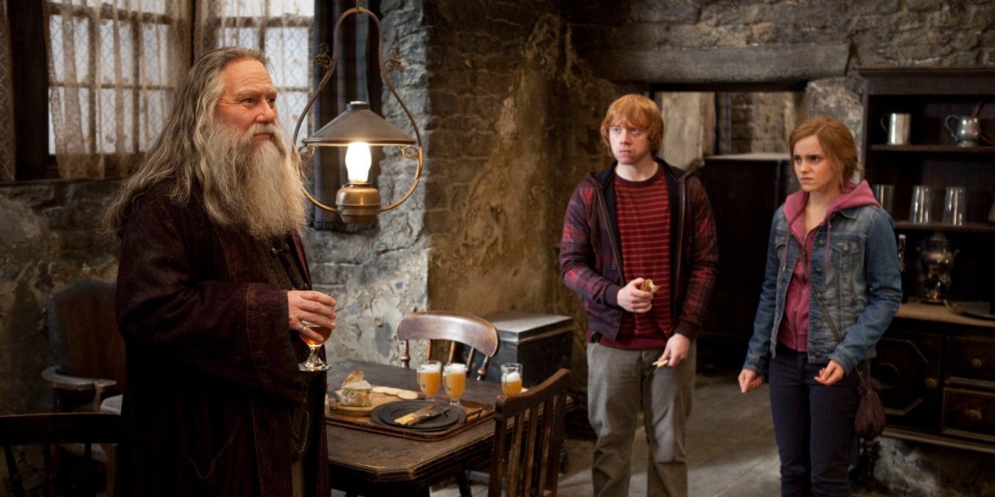 Ron, Hermione and Aberforth in Hogs Head 