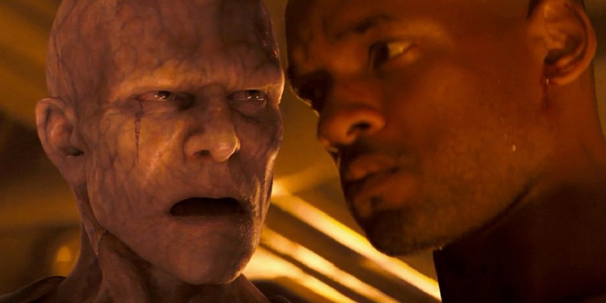 A pale vampire stares at Robert Neville in I Am Legend