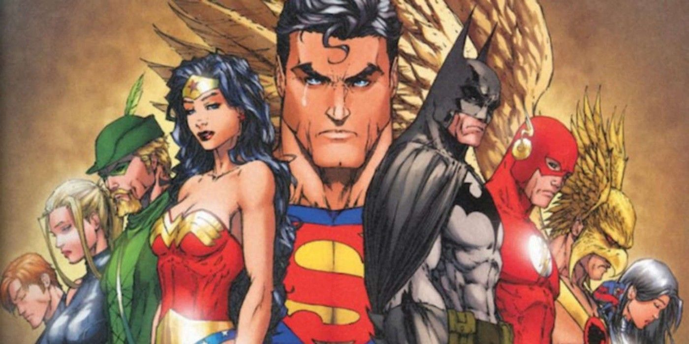 The Justice League looks on from the cover of Identity Crisis 