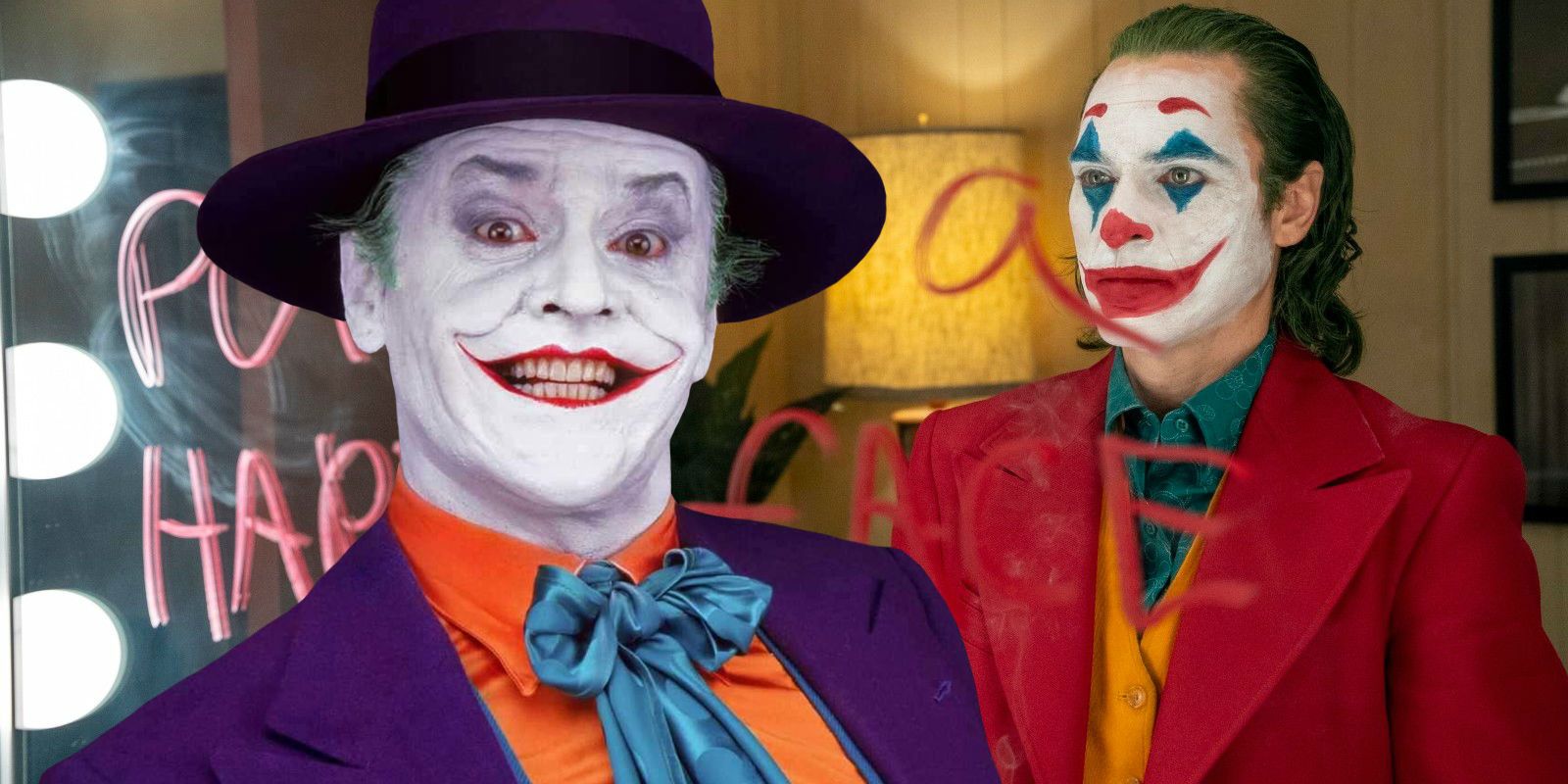 Jack Nicholson as Jack Napier Joker in Batman and Joaquin Phoenix as Arthur Fleck