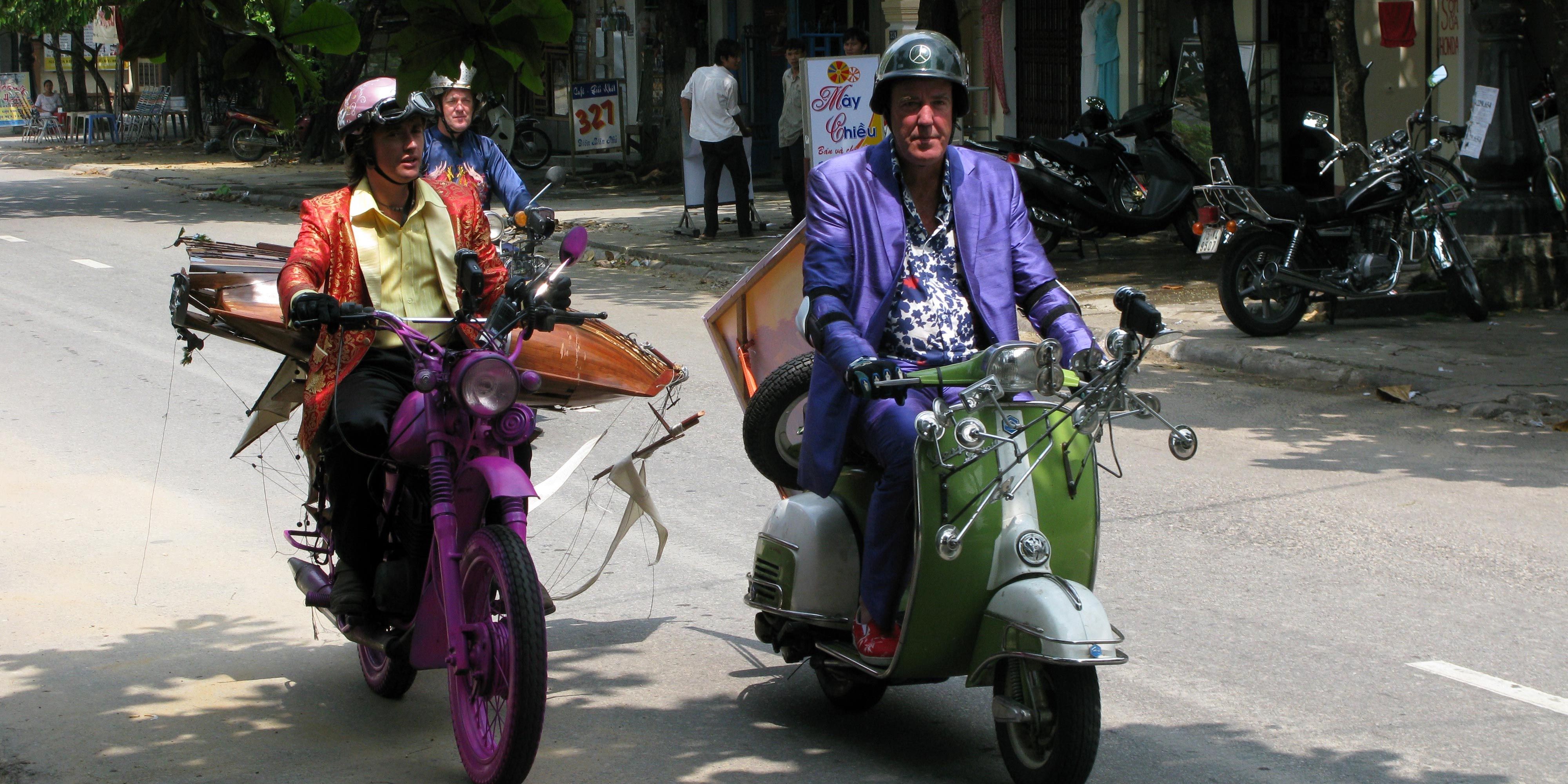 Jeremy Clarkson, Ruchard Hammond and James May riding on bikes in Vietnam on Top Gear