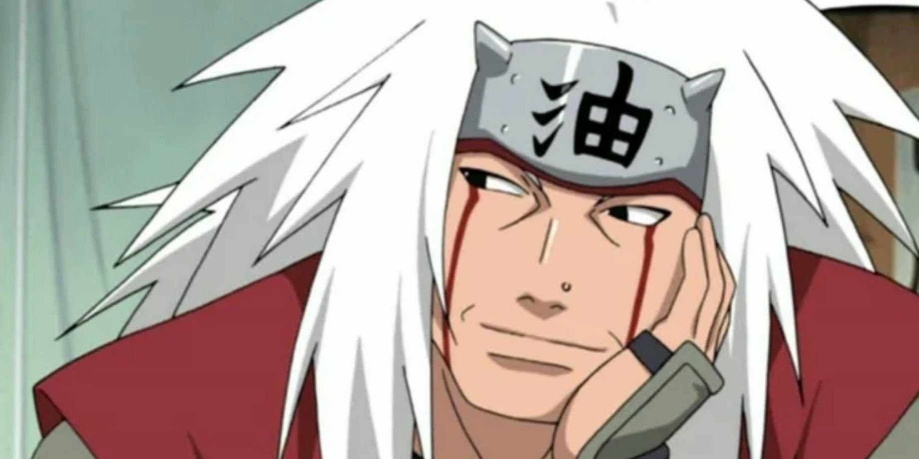 Jiraiya sits at a table in thought in Naruto