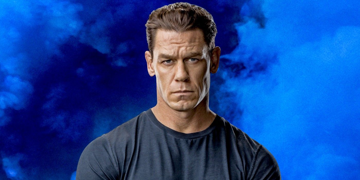 John Cena as Jakob in Fast and Furious 9 in front of blue smoke