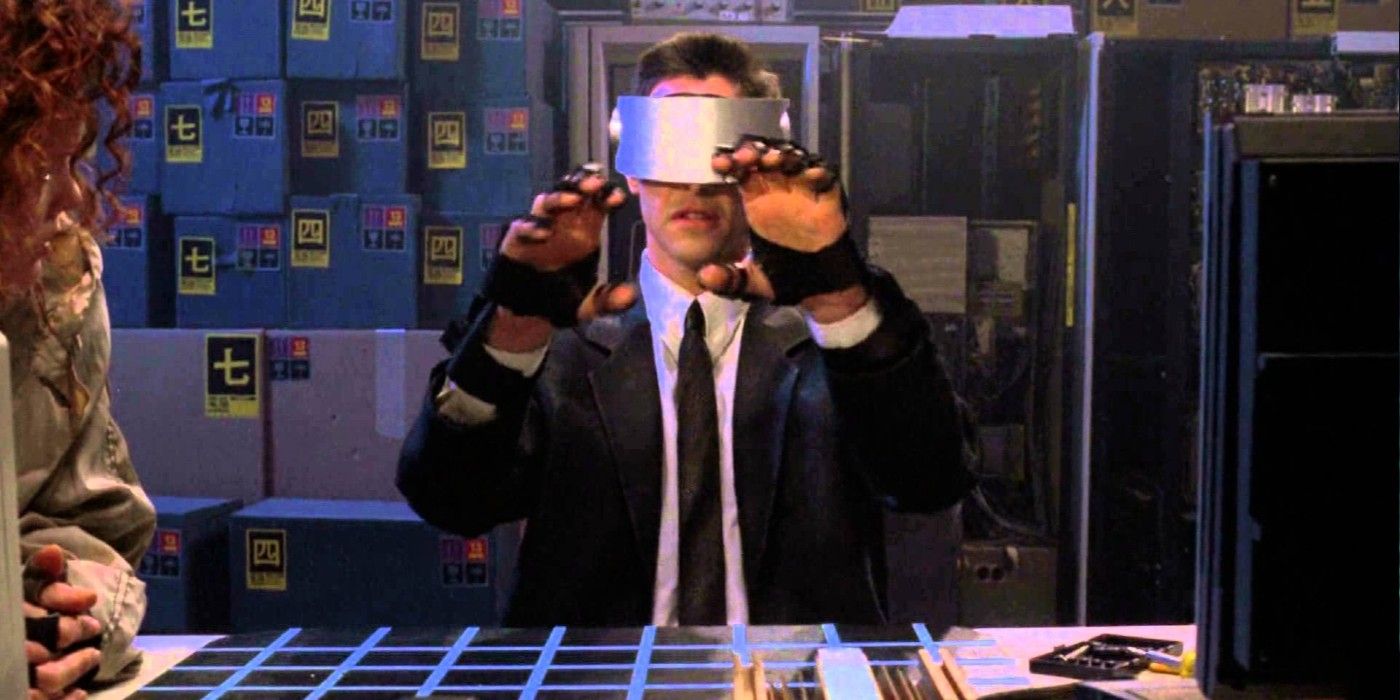 Johnny using technology to work in Johnny Mnemonic