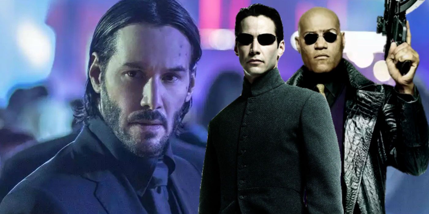 Keanu Reeves as John Wick in John Wick 1 and Neo and Laurence Fishburne as Morpheus in The Matrix