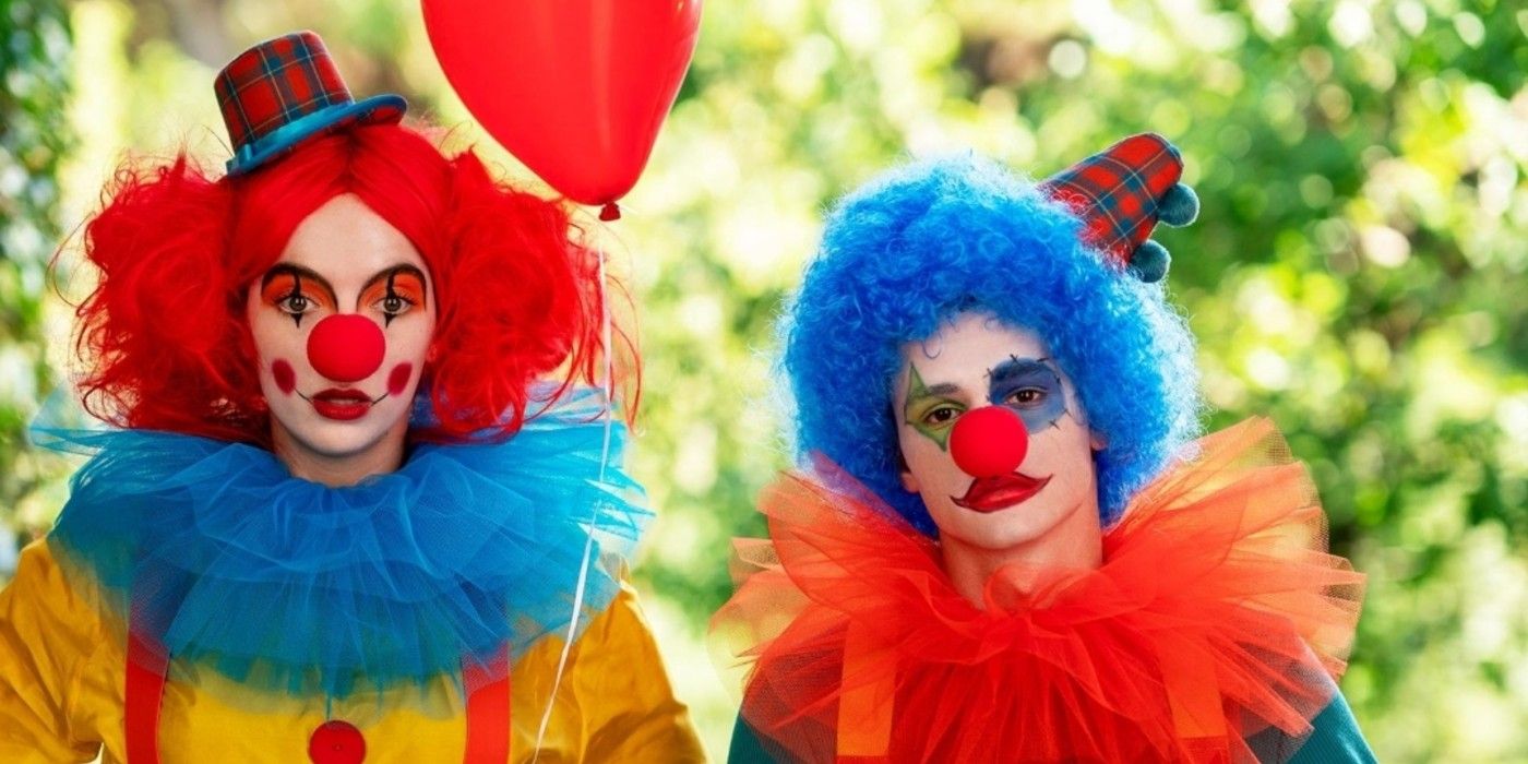 Villanelle (Jodie Comer) and Felix (Stefan Iancu) dressed as clowns in Killing Eve Season 3