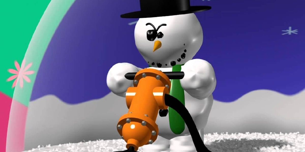 The snowman from knick knack holding a jackhammer
