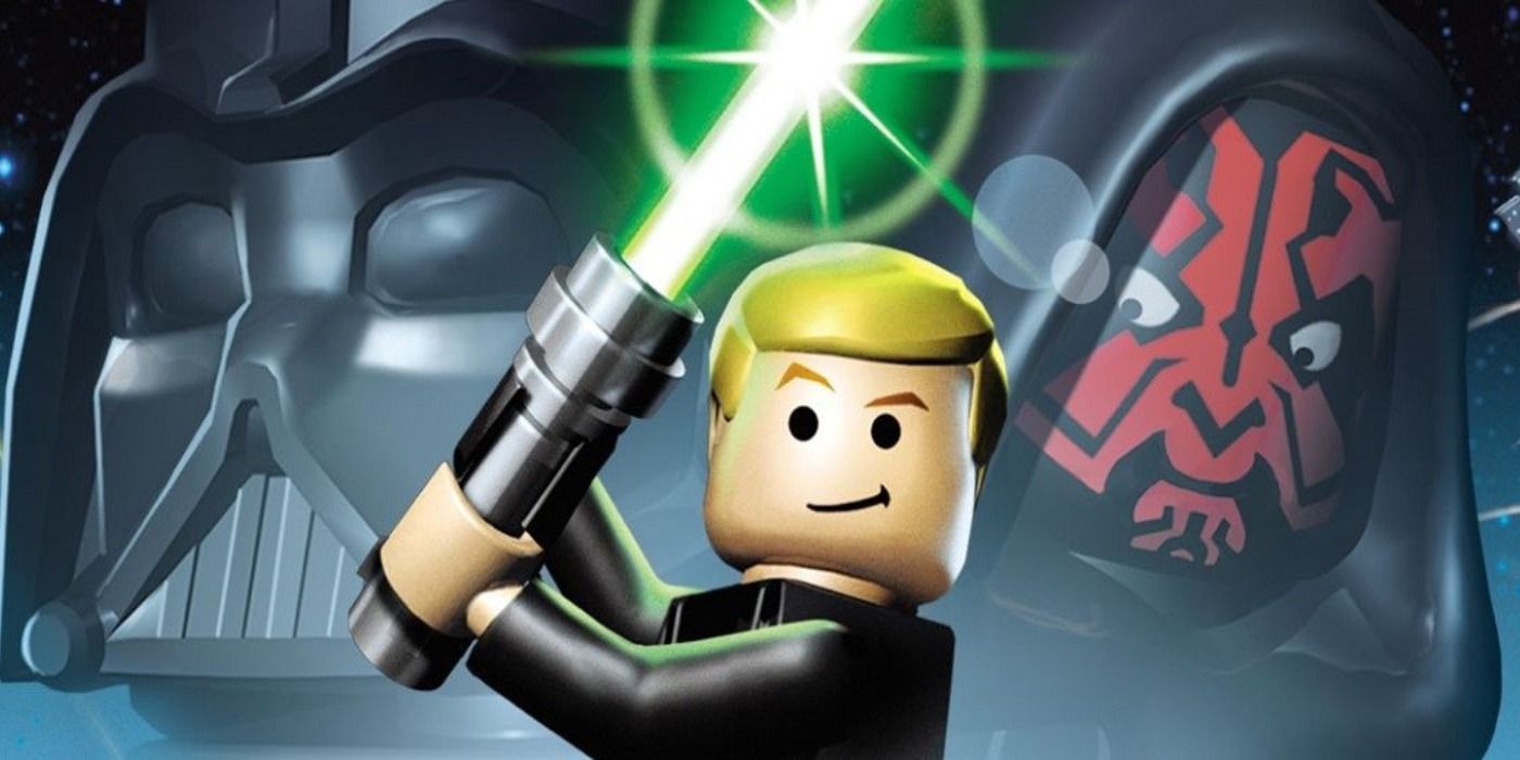 LEGO Luke Skywalker wielding a lightsaber in front of LEGO renditions of Darth Vader and Darth Maul.