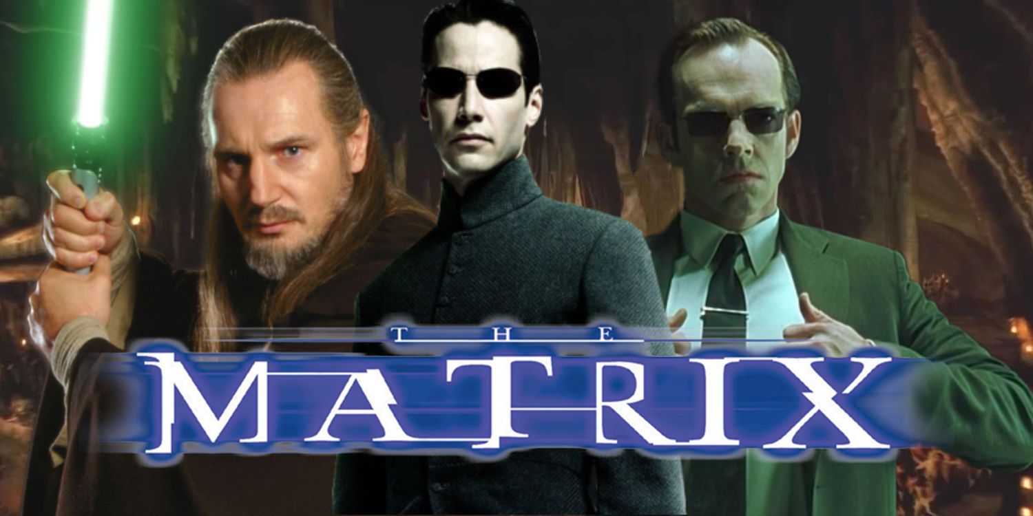 Liam Neeson as Qui-Gon Jinn in Star Wars Phantom Menace, Keanu Reeves as Neo and Hugo Weaving as Agent Smith in The Matrix