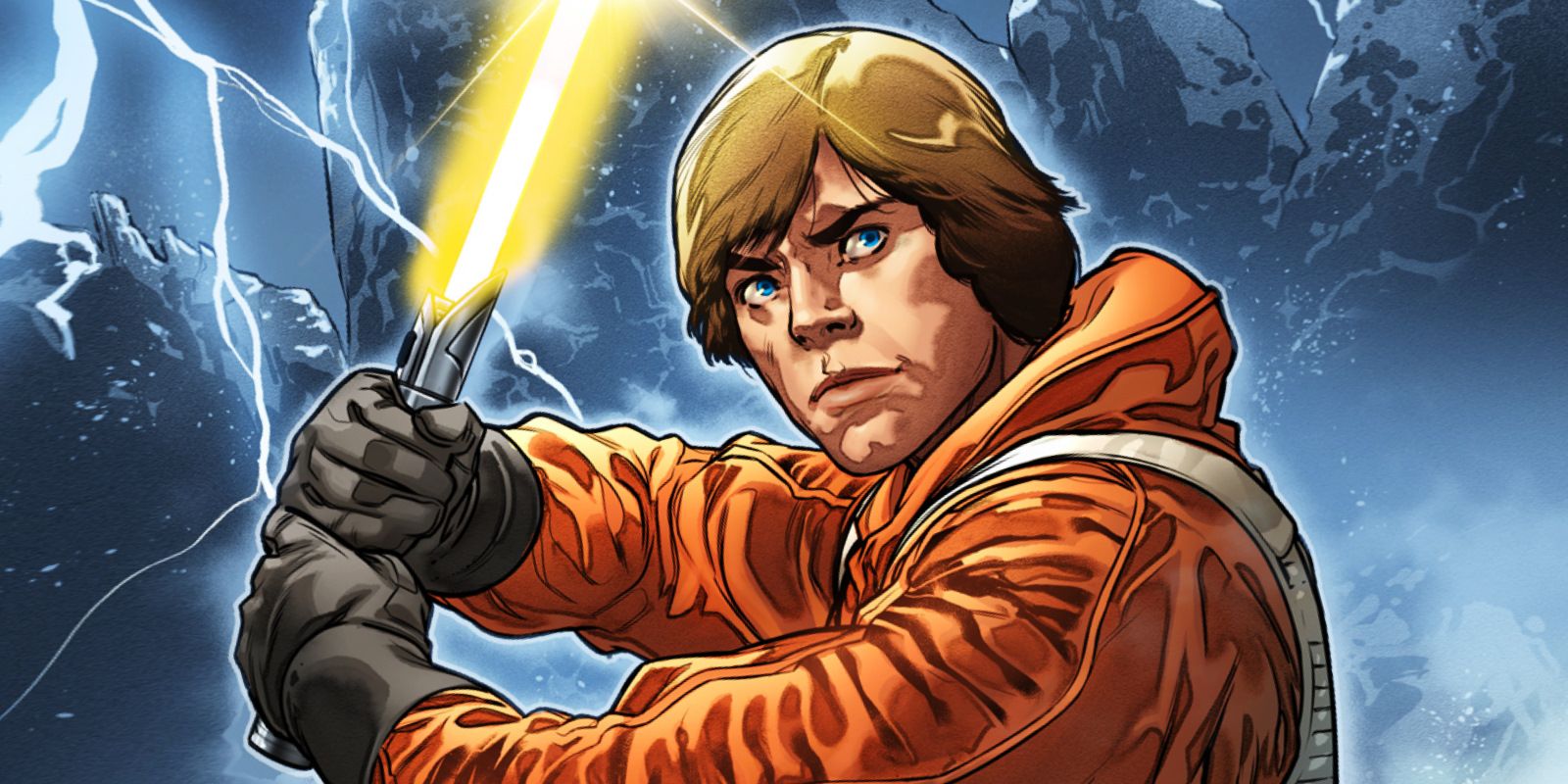 Luke Skywalker sosteniendo su sable de luz amarillo en los cómics de Star Wars