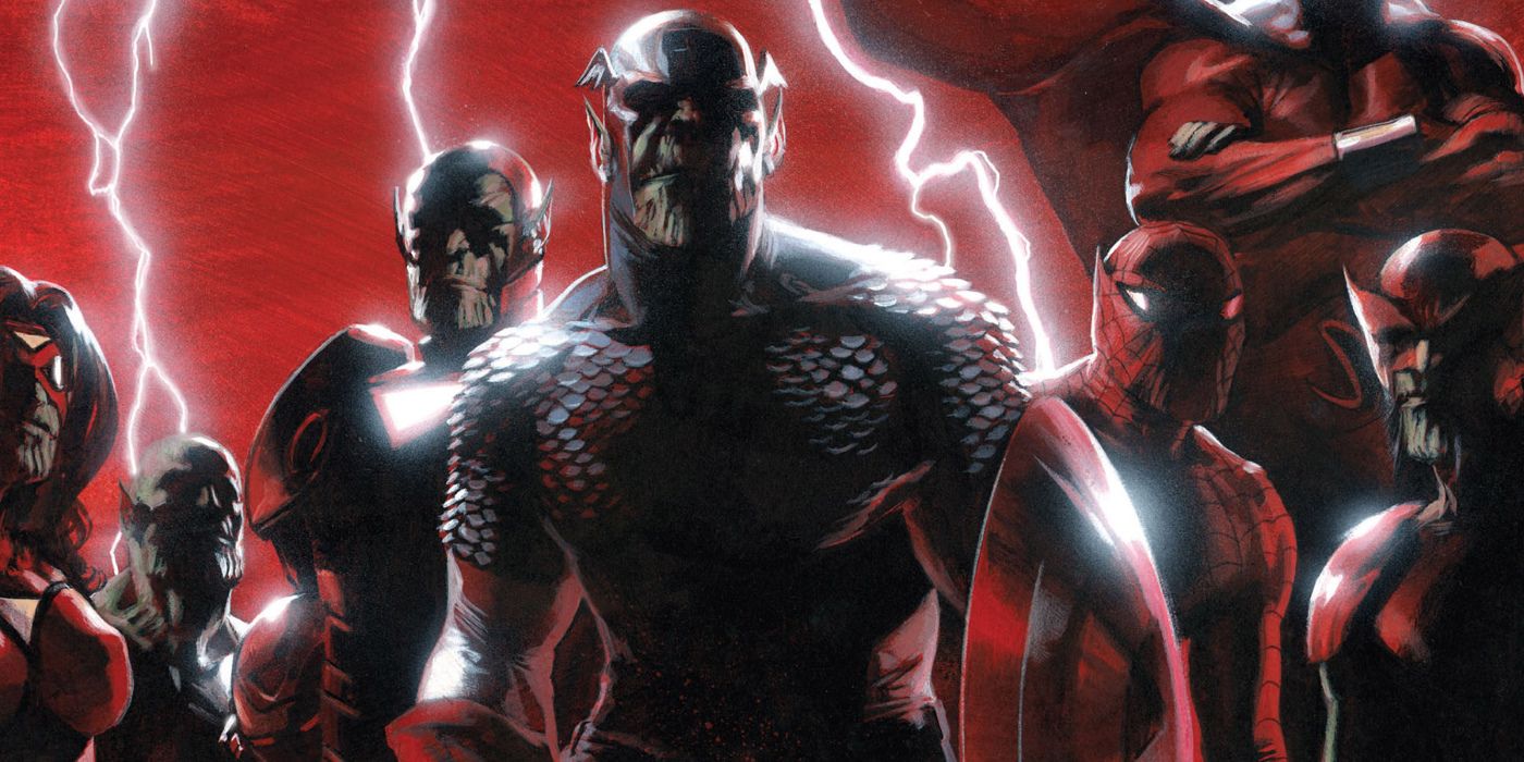 The Skrulls with lightning behind them in Marvel Comics