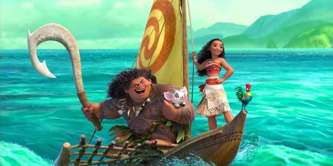 Maui, Pua, Moana, and Hei Hei sail crising in the boat in Moana