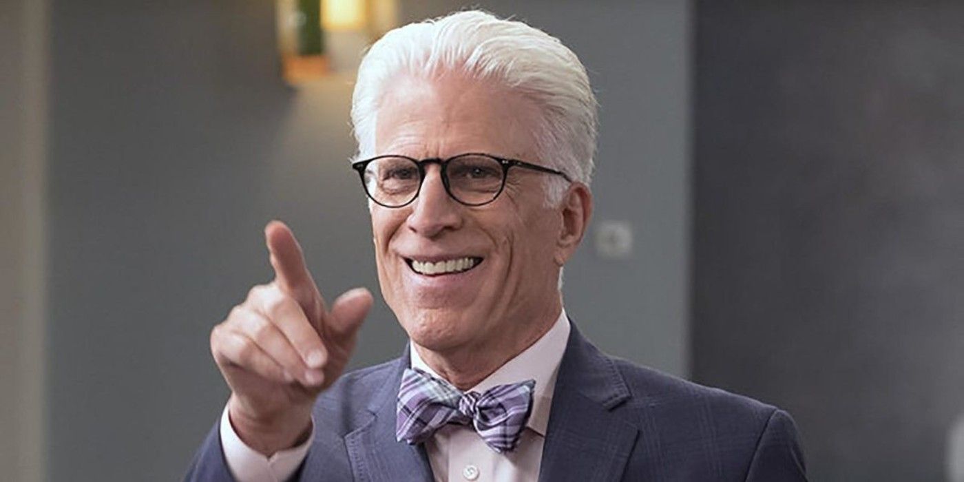 Michael smiling and pointing at someone in The Good Place