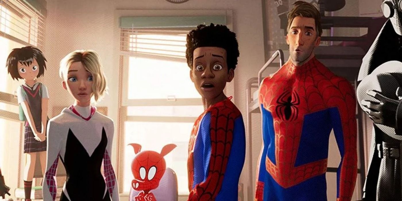 The various Spider-Men in Spider-verse standing in Miles' dorm