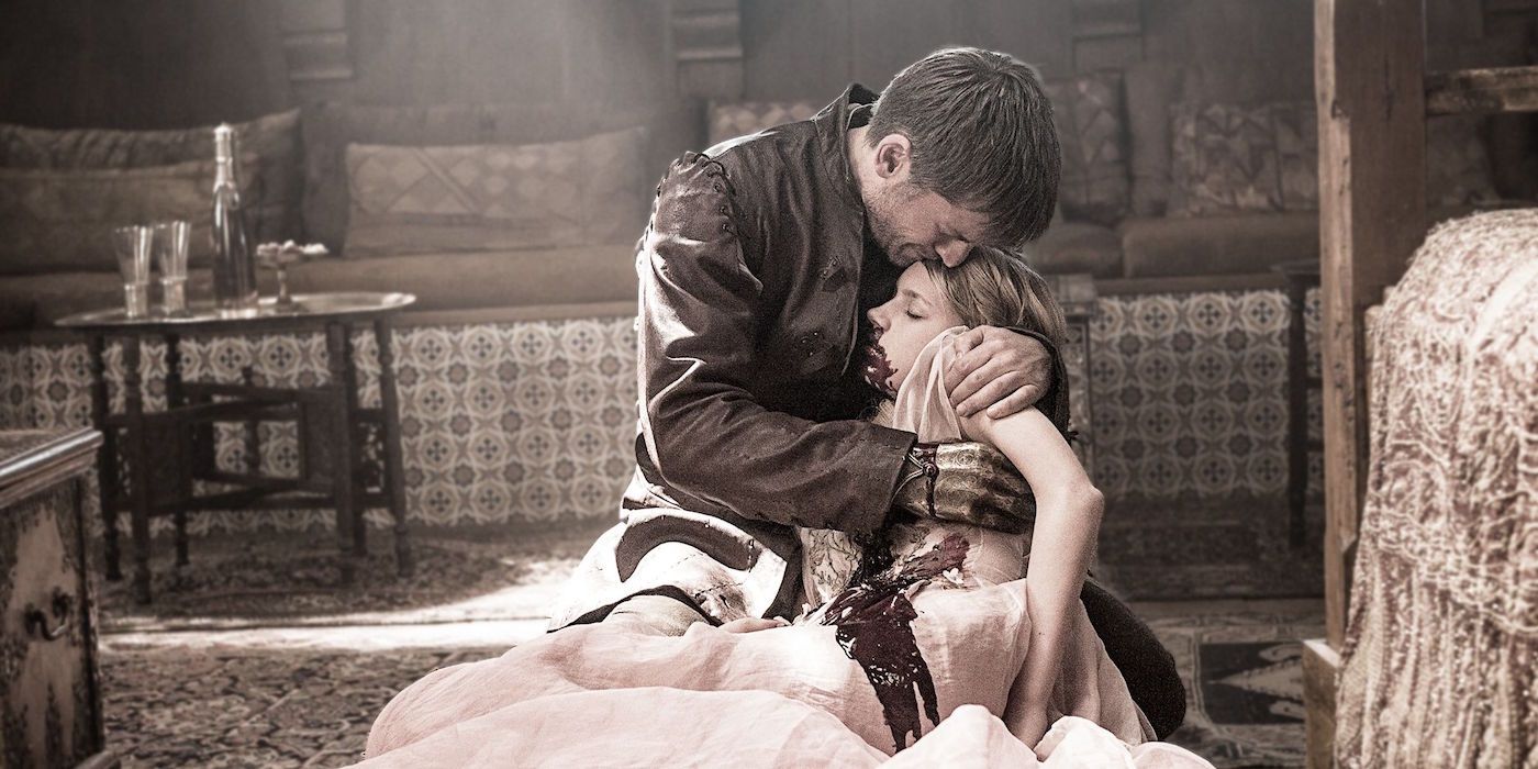 Myrcella Baratheon dying in Jaime Lannister's arms in Game of Thrones. 