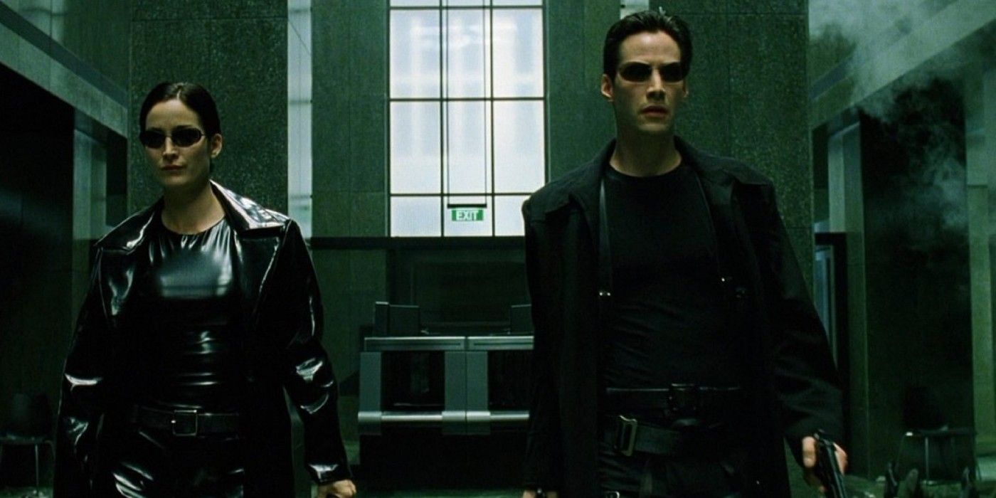 Neo and Trinity clad in leather in The Matrix