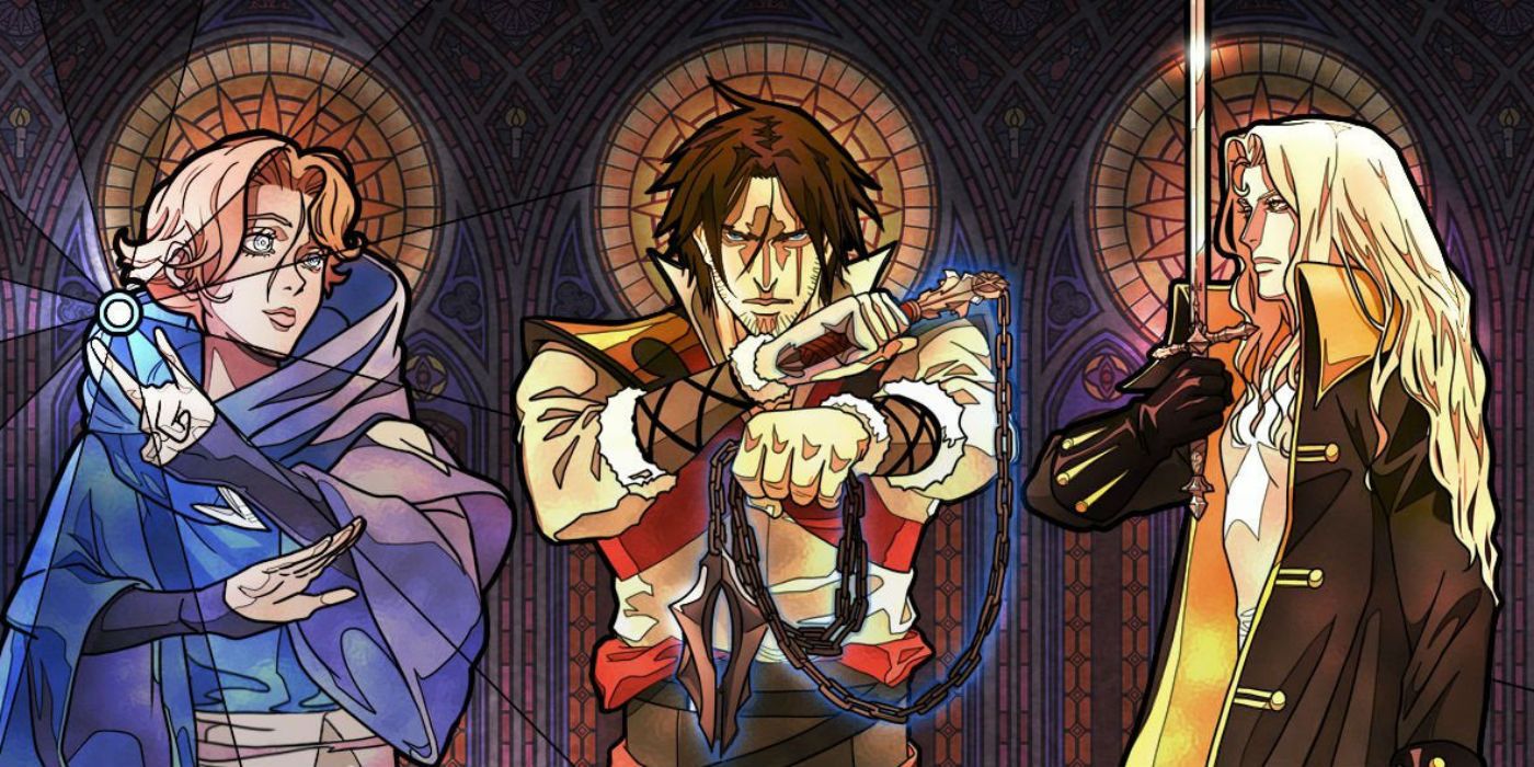 Netflix Castlevania Season 3 promo art, Sypha, Trevor, and Alucard posing in front of stained glass