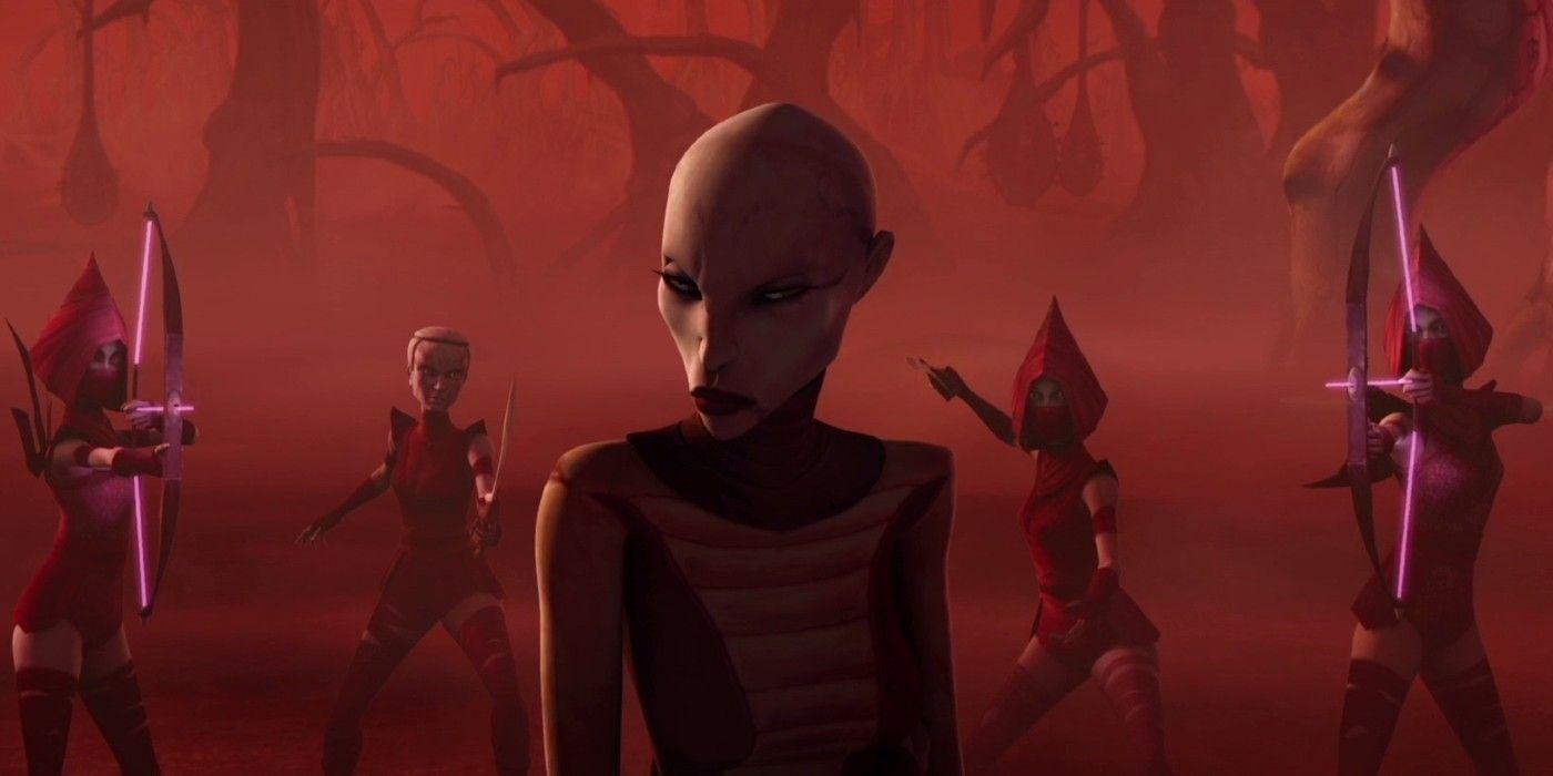 Asajj Ventress is surrounded by the nightsisters on Dathomir after being betrayed by Count Dooku in The Clone Wars