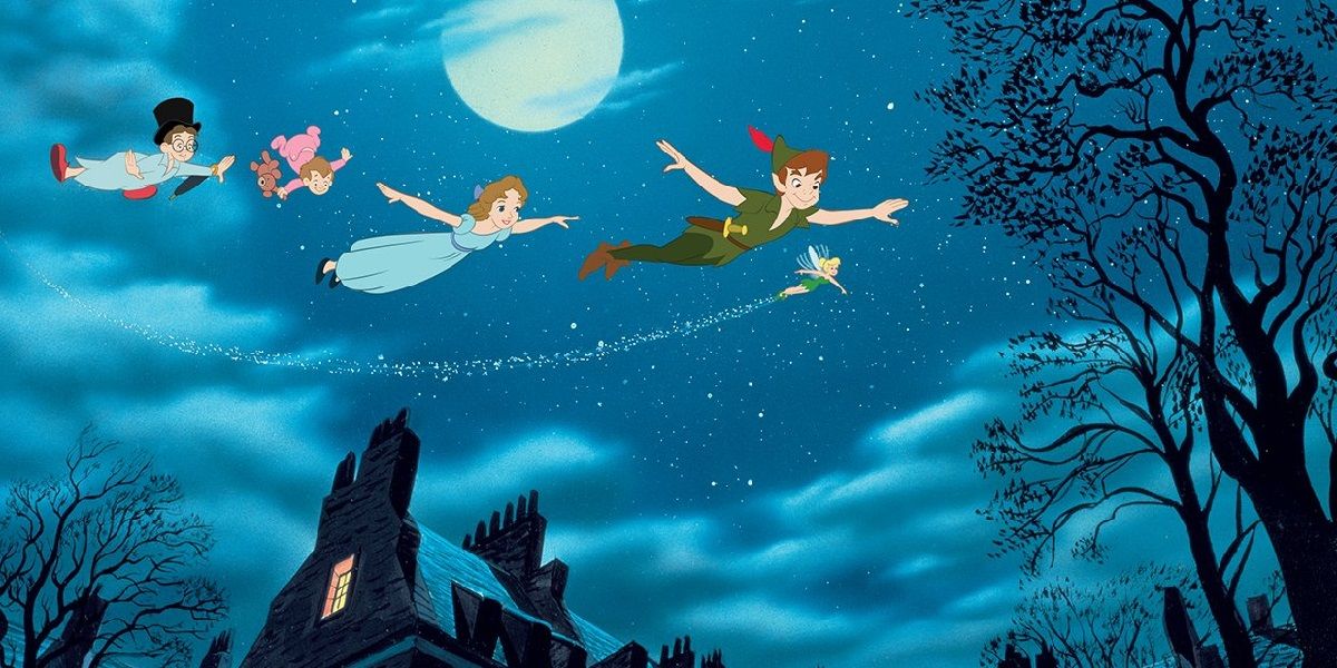 Peter Pan, Wendy, John, Michael and Tinker Bell flying in Peter Pan