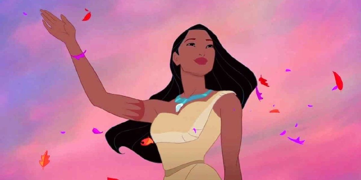 Pocahontas waving and is surrounded by leaves. 