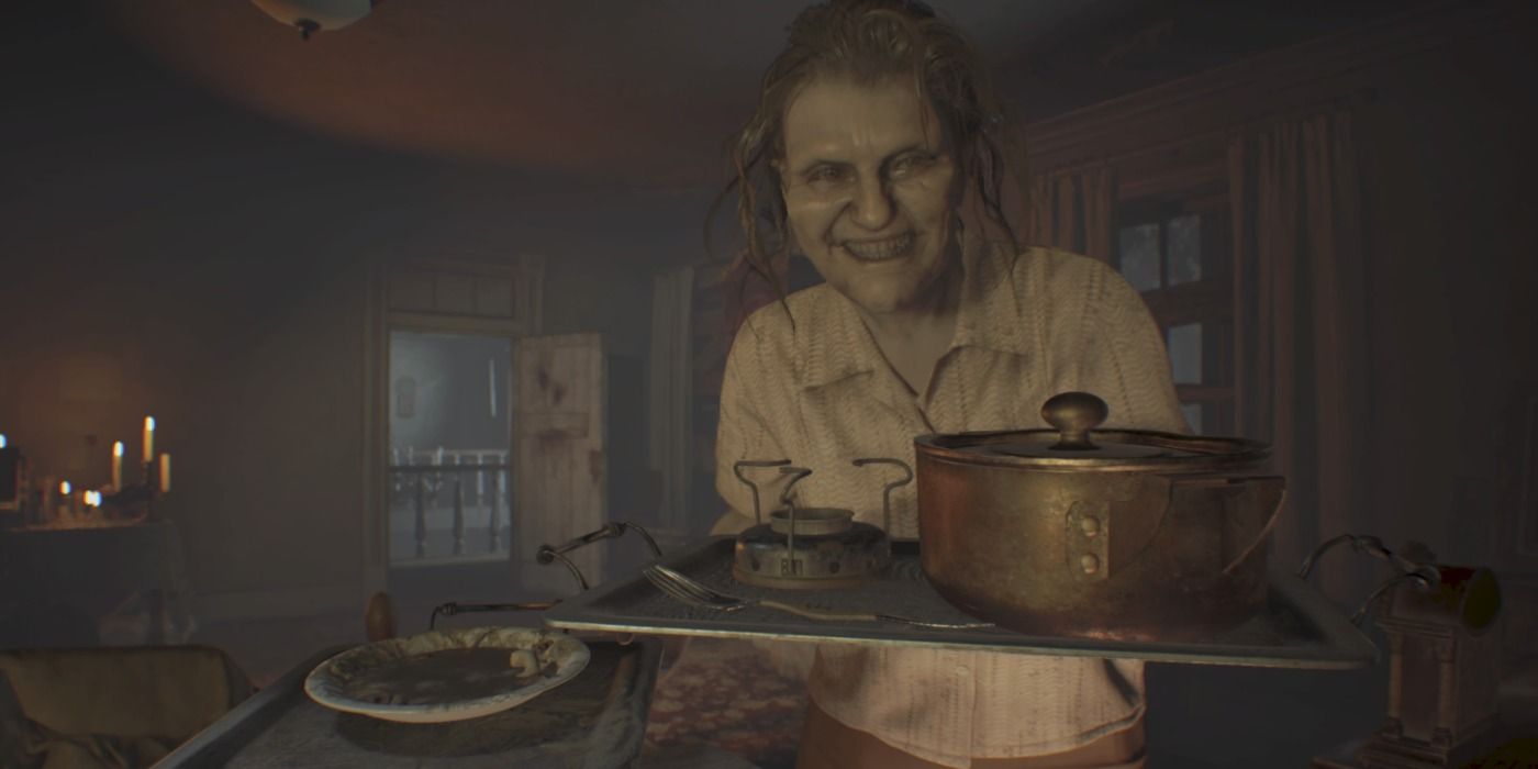 Margueritte carrying a tray of food in the video game, Resident Evil 7: Banned Footage 