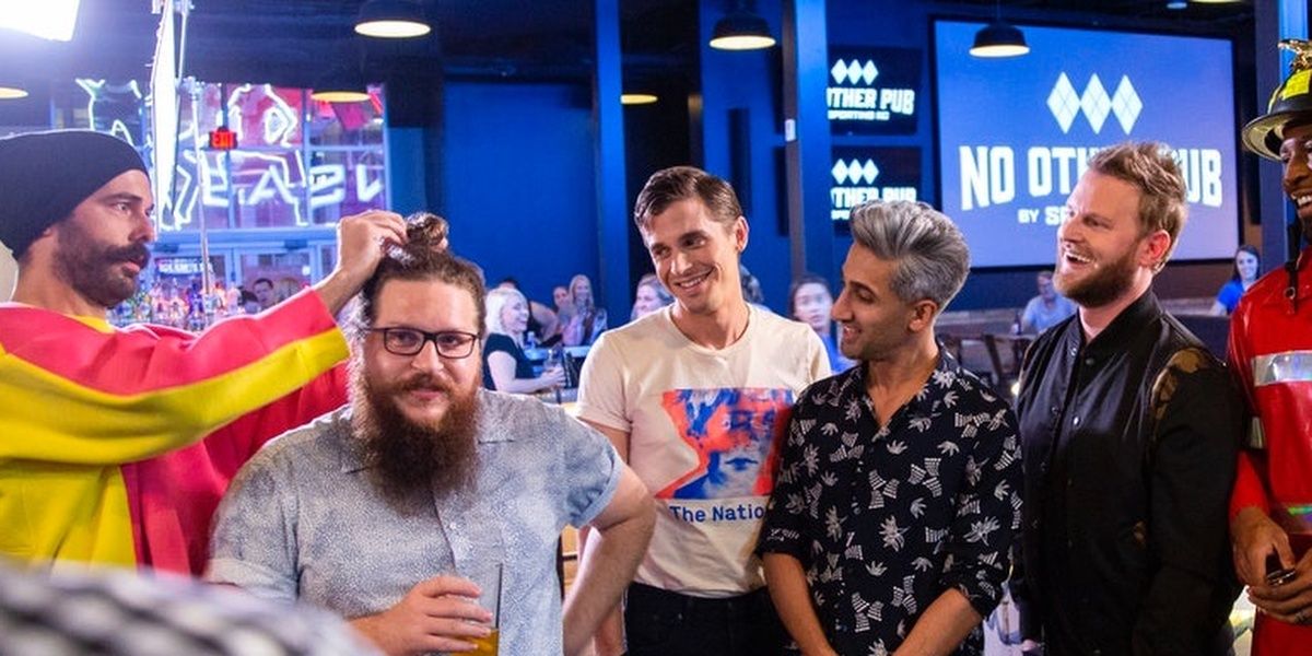 Robert Hitchcock with Fab Five on Queer Eye everyone looking happy while jon does robert's hair