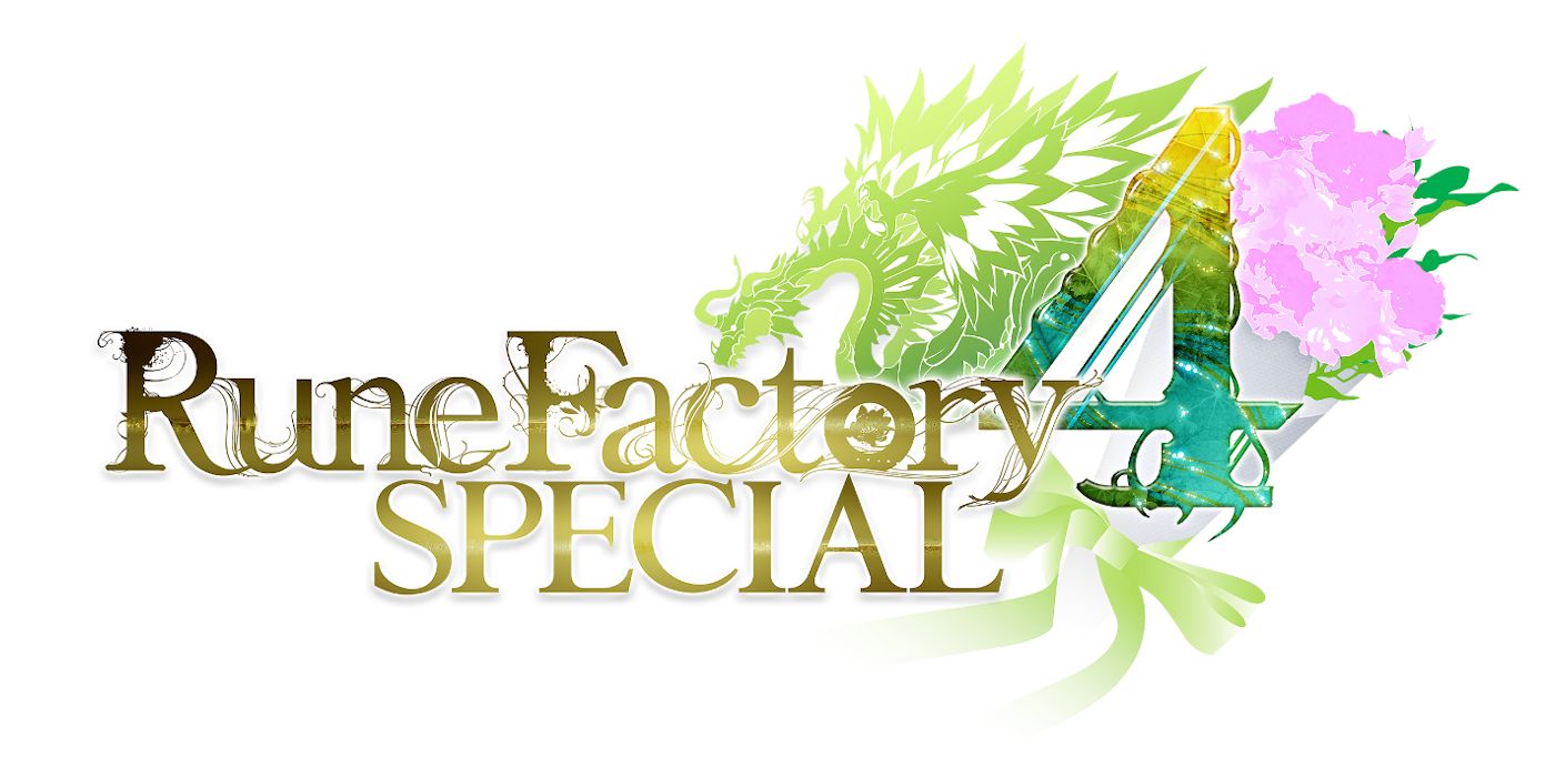 Flowery title screen for Rune Factory 4 Special with dragon illustration in background.