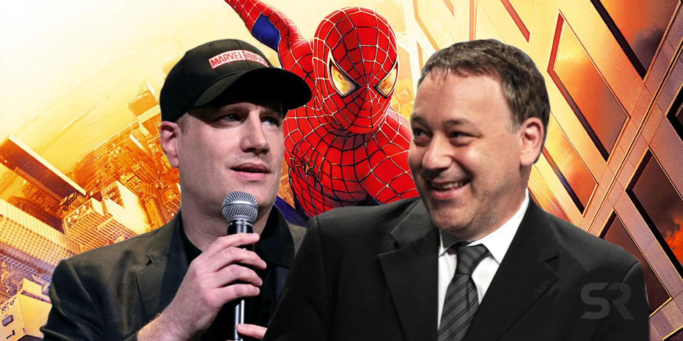 Blended image of Kevin Feige and Sam Raimi with Spider-Man in the background