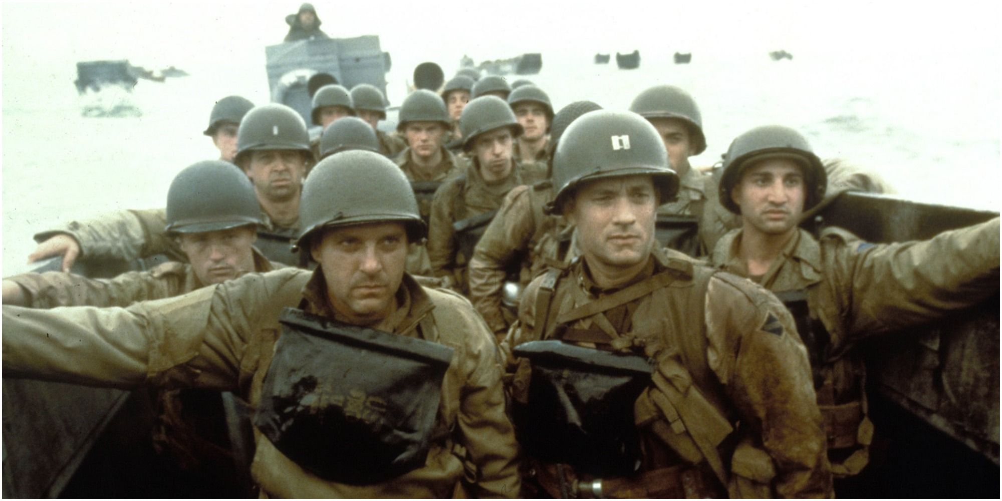 Tom Hanks and Tom Sizemore on boat during D-Day invasion in Saving Private Ryan.