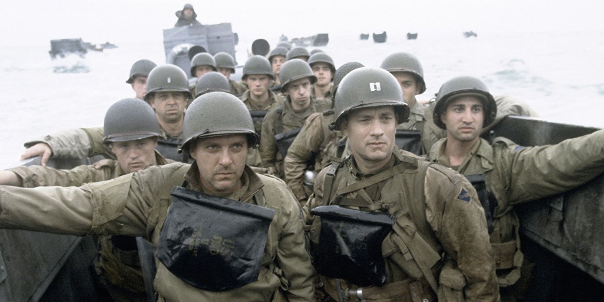Tom Hanks and Tom Sizemore at the front of the boat in the beach landing scene in Saving Private Ryan