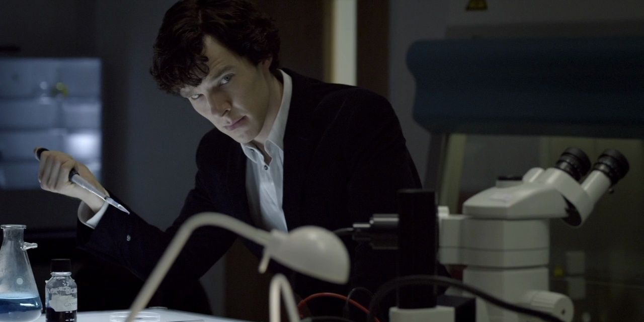 Sherlock does experiments in the lab