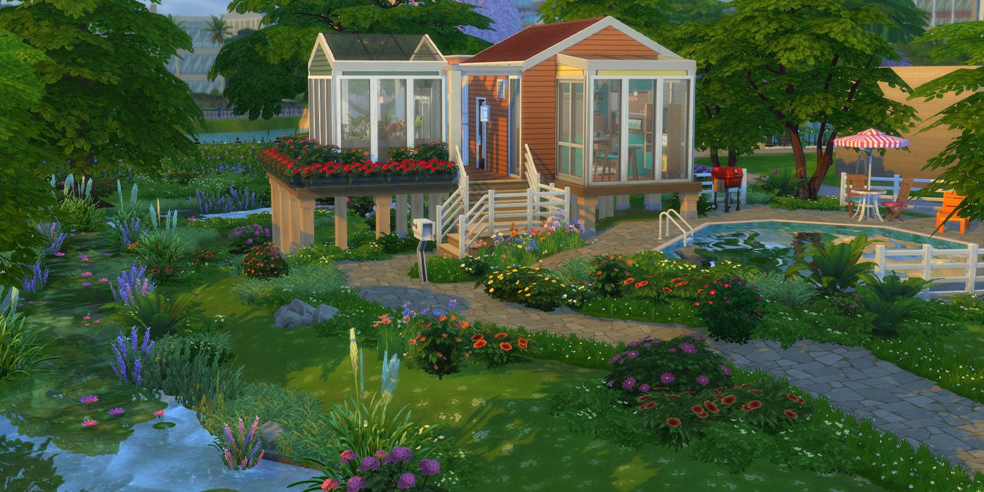 Sims 4 Tiny Living landscaping and pool