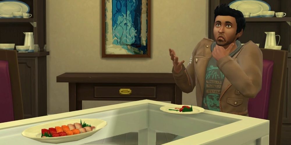 A Sim chokes on bad Pufferfish Nigiri in The Sims 4