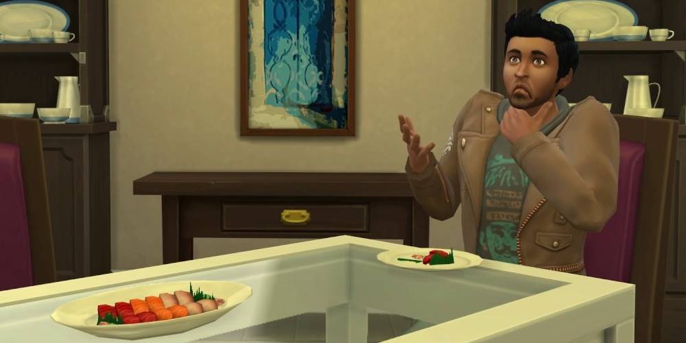 Um Sim engasga com o Nigiri Baiacu ruim no The Sims 4