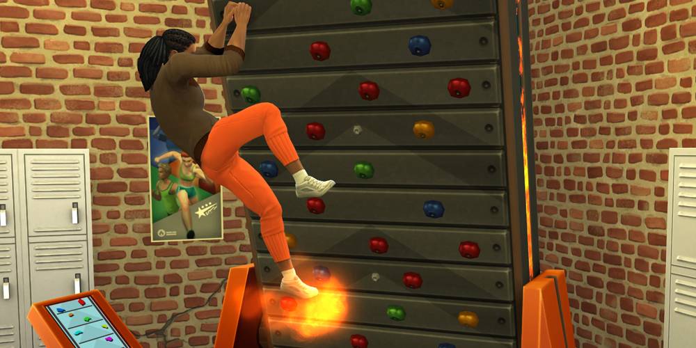 Um sim subindo em uma parede de pedra no The Sims 4.