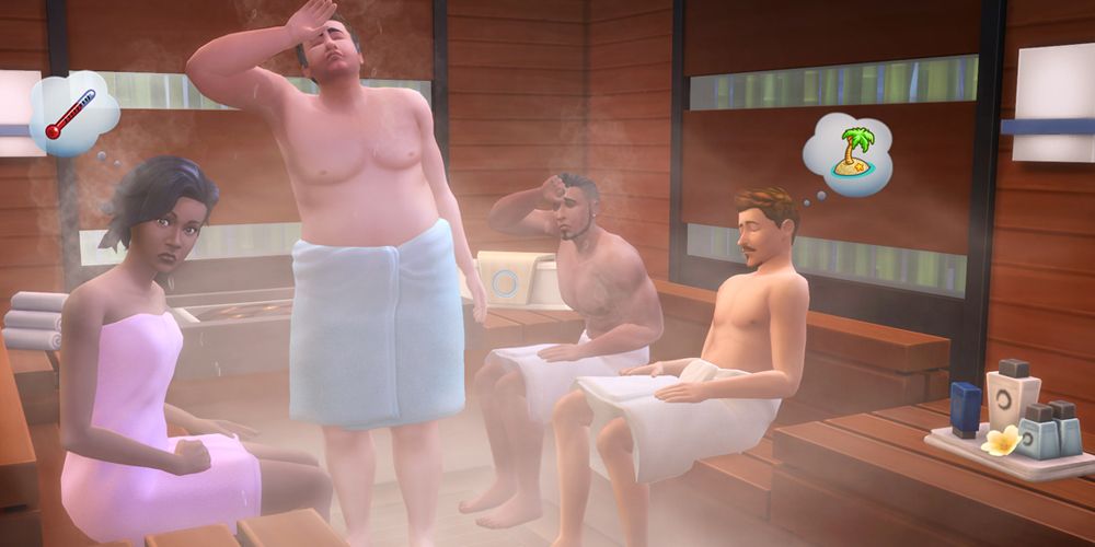 A sauna in the Sims 4 Spa Day expansion.