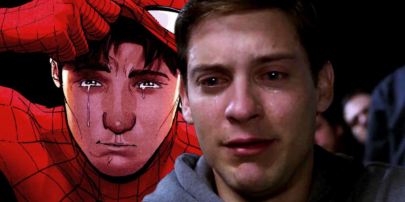 Featured Image: Comic book Spider-Man lifting mask and crying (let); Toby MaGuire film Spidey crying (right)