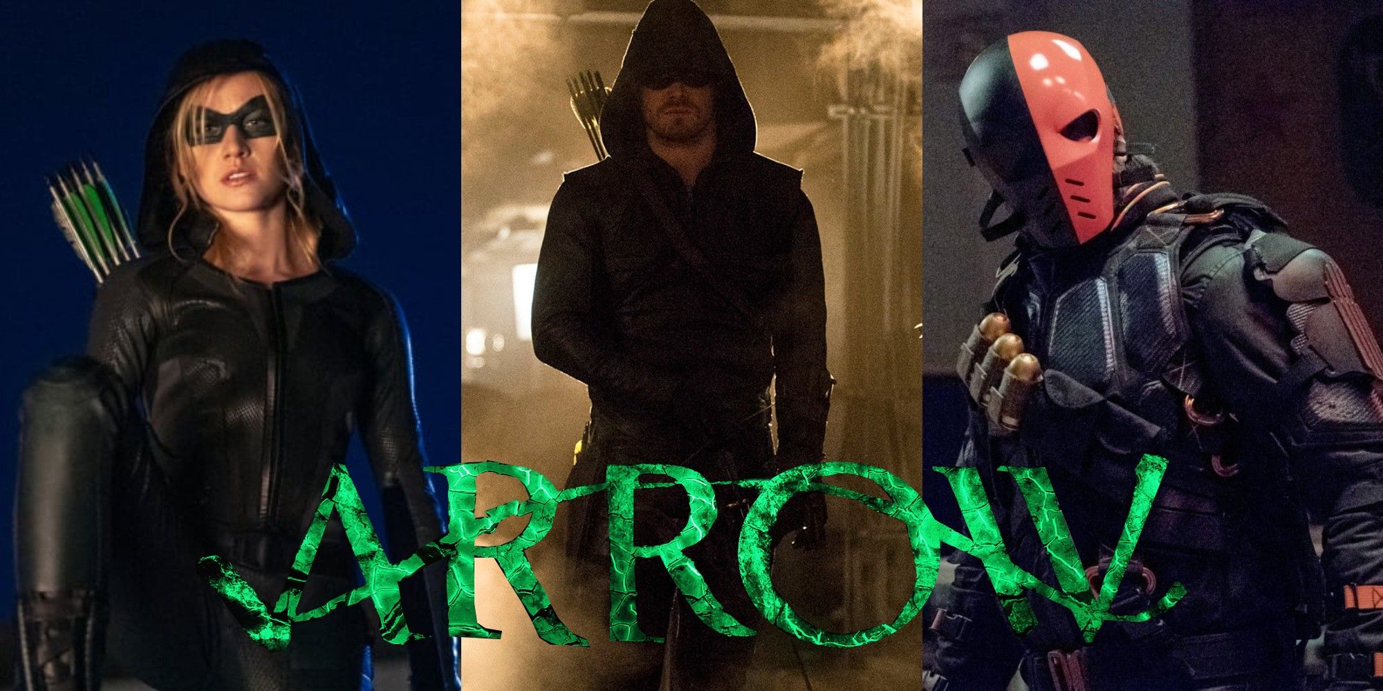 Split image of Black Canary, Oliver Queen and Deathstroke from Arrow with the show's logo on top