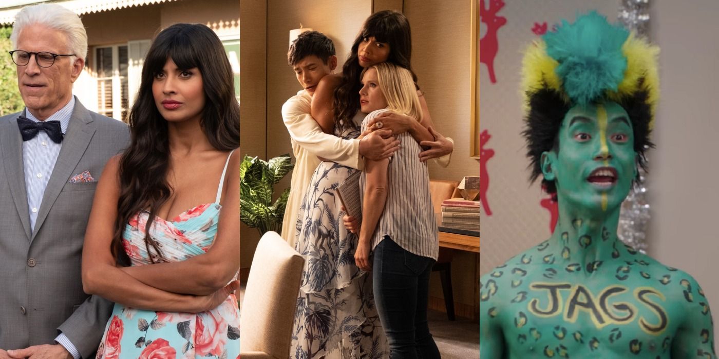 Split image of Michael and Tahani, the good place group hugging and Jason feature