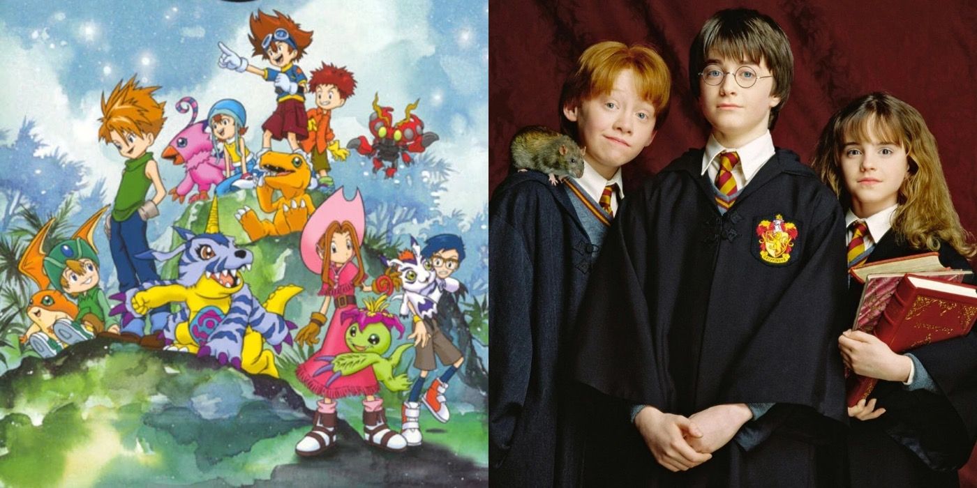 Split image showing the DigiDestined in Digimon Adventure, and Harry Ron and Hermione from Harry Potter