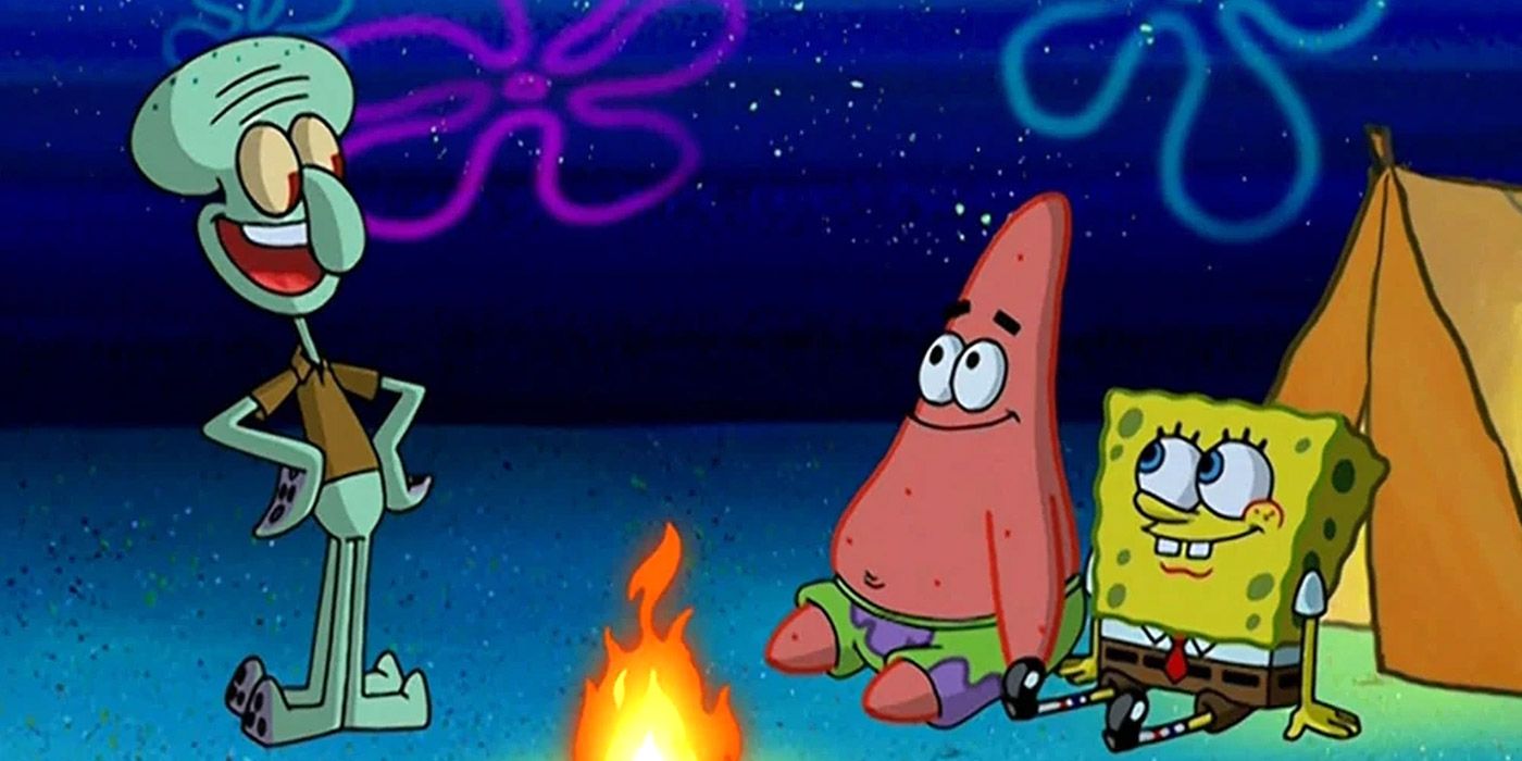 Squidward, Patrick and SpongeBob around the campfire in SpongeBob Squarepants