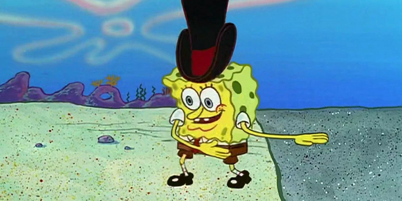 SpongeBob does a wacky dance with a hat on in SpongeBob Squarepants