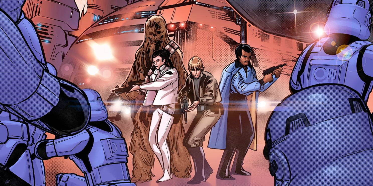 Luke, Leia, and Lando holding guns surrounded by Stormtroopers 