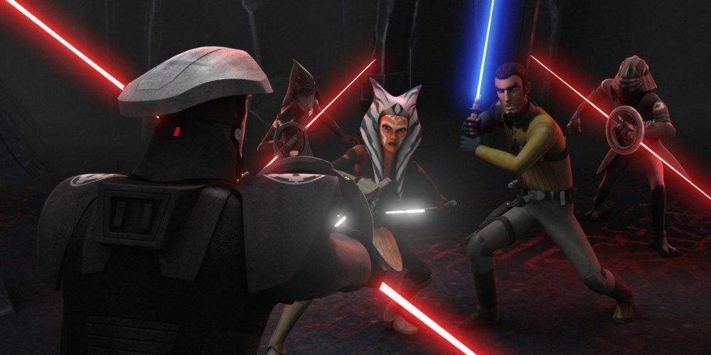 Ahsoka and Kanan duel the Fifth Brother, Seventh Sister, and Eighth Brother in Twilight of the Apprentice in Star Wars Rebels