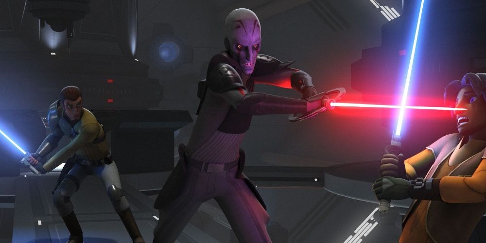 Kanan and Ezra fight a lightsaber duel against the Grand Inquisitor in Star Wars: Rebels