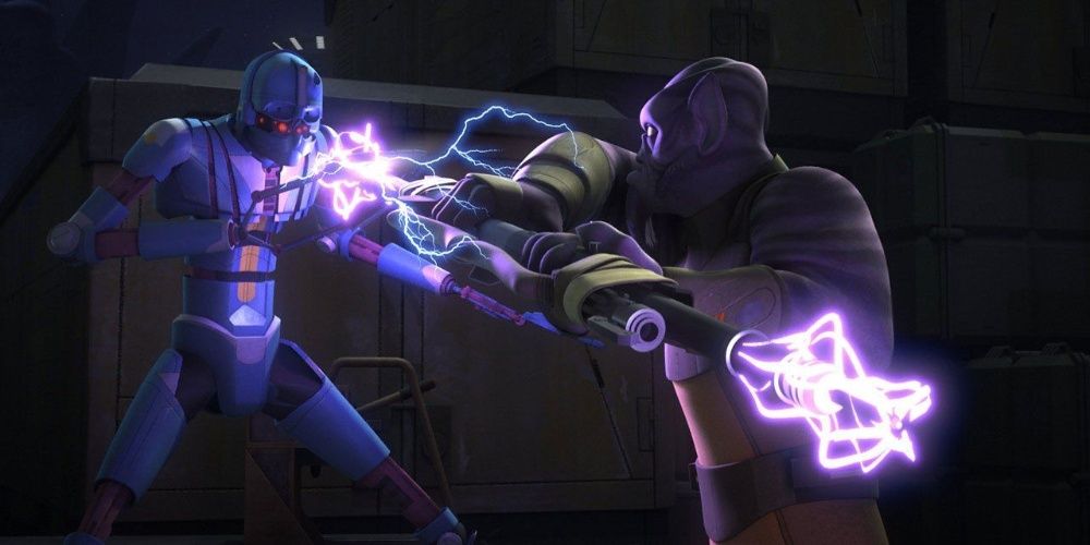 Zeb fights an Imperial droid in tar Wars Rebels