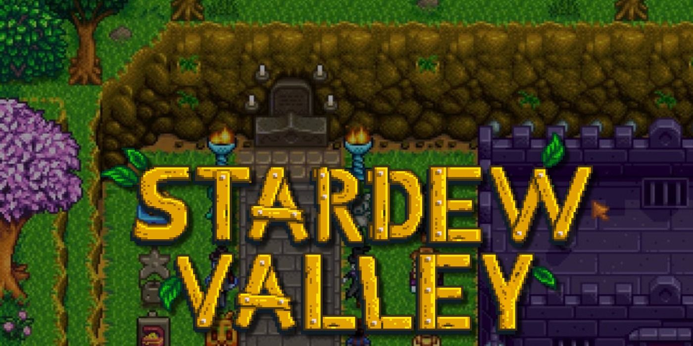 The logo for Stardew Valley superimposed on top of Grandpa's shrine, with 4 unlit candles