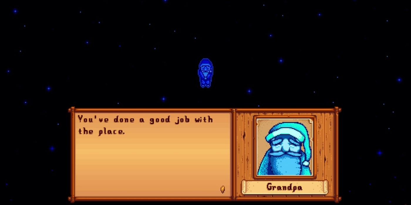 Grandpa's ghost returning to Stardew Valley to judge the player's progress, floating in space.