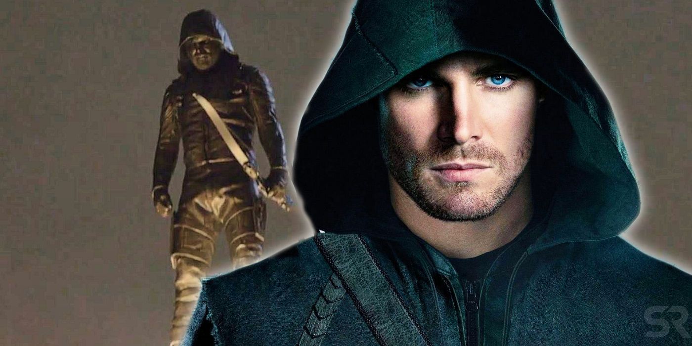 A split image of Stephen Amell in Arrow Season 1 and the series finale Green Arrow statue