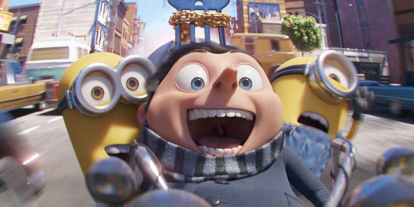 Gru racing down the street in Minions: The Rise of Gru